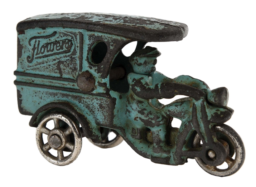 RARE CAST-IRON HUBLEY "SAY IT WITH FLOWERS" MOTORCYCLE.