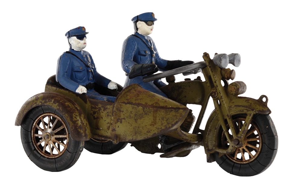 CAST-IRON HUBLEY HARLEY-DAVIDSON MOTORCYCLE TOY WITH SIDECAR.