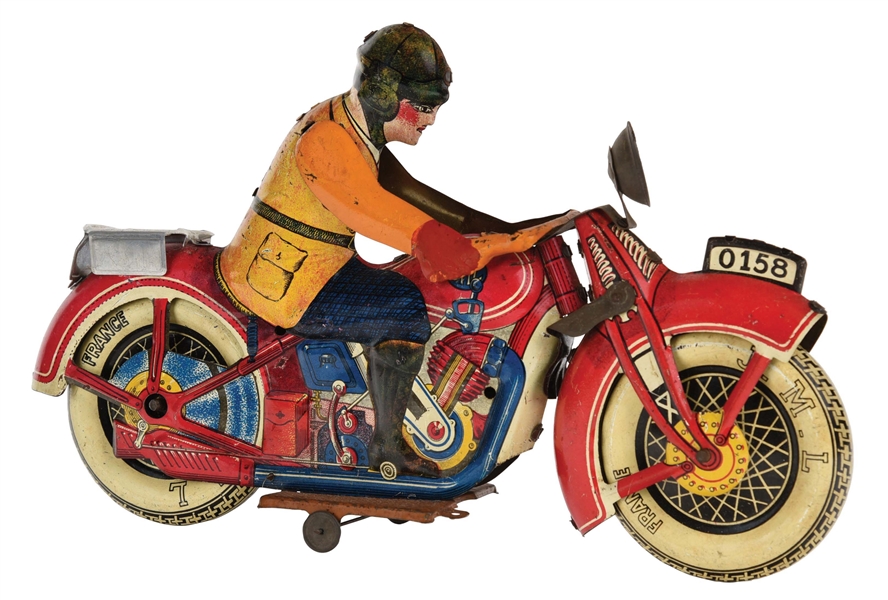 FRENCH TIN LITHO JML WIND-UP MOTORCYCLE TOY. 