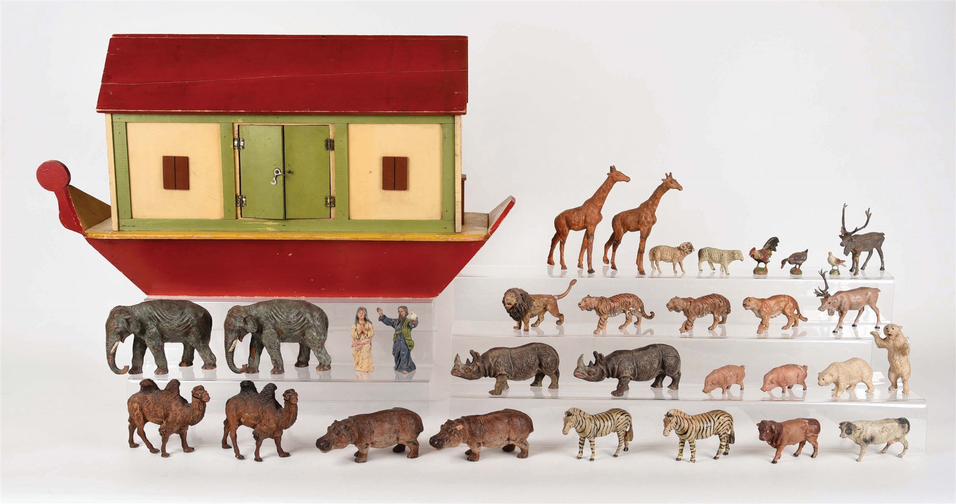 EARLY COLORFUL WOODEN NOAHS ARK WITH COMPOSITION ANIMALS.