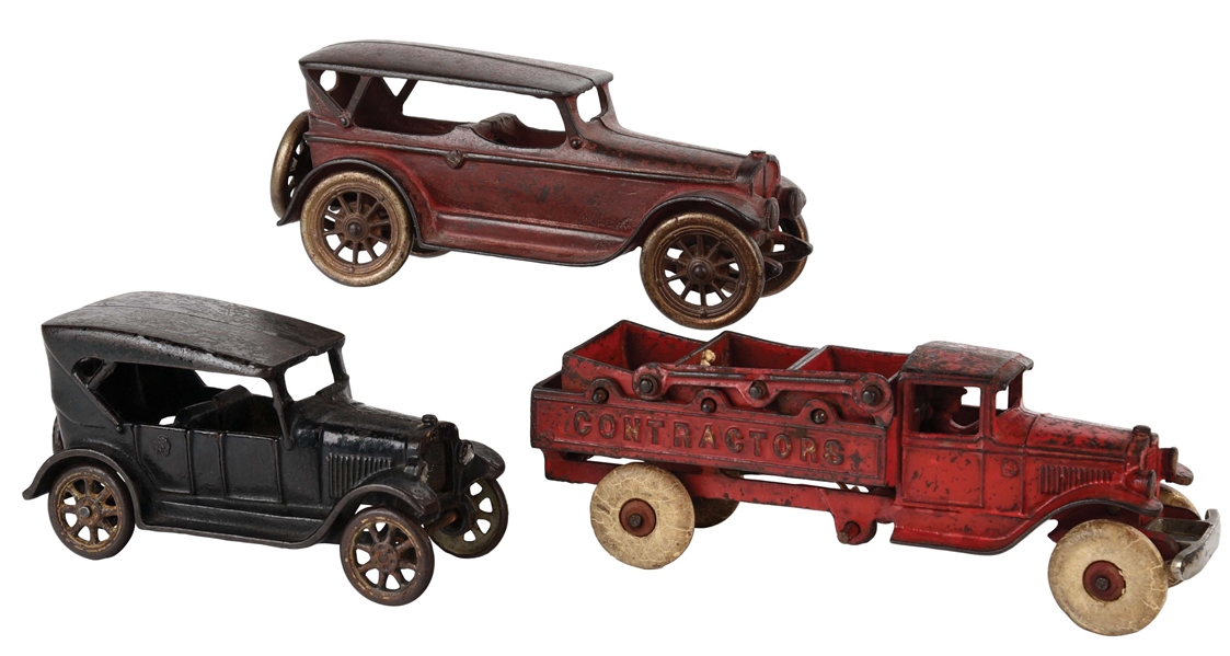 LOT OF 3: CAST-IRON AMERICAN MADE TOY CARS AND TRUCKS.