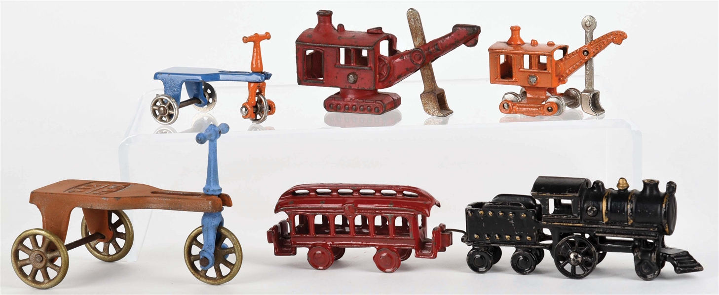 LOT OF 5: AMERICAN MADE CAST-IRON TOY VEHICLES.
