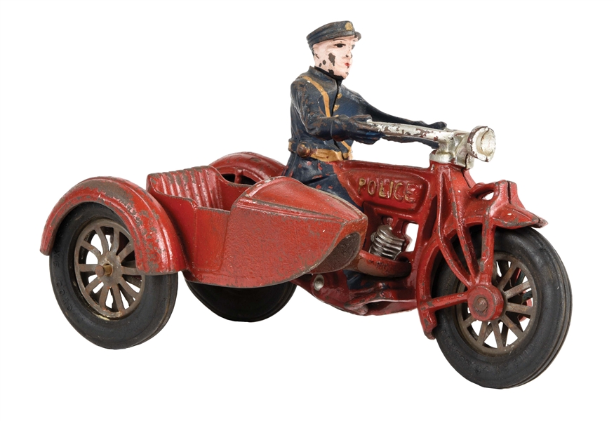 SCARCE CAST-IRON GLOBE POLICE MOTORCYCLE WITH SIDECAR.
