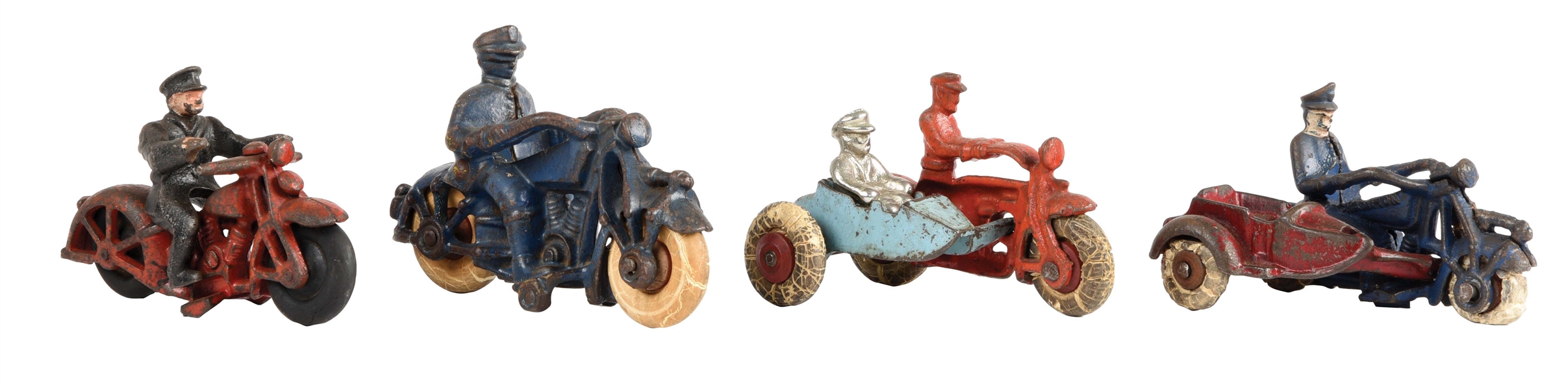 LOT OF 4: CAST-IRON AMERICAN MADE MOTORCYCLE TOYS.