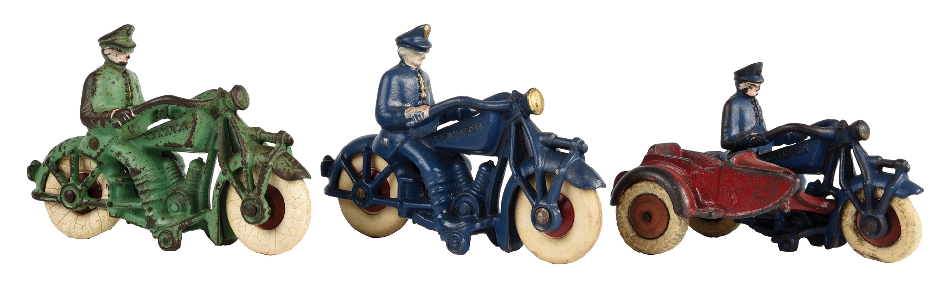 LOT OF 3: CAST-IRON CHAMPION MOTORCYCLE TOYS.