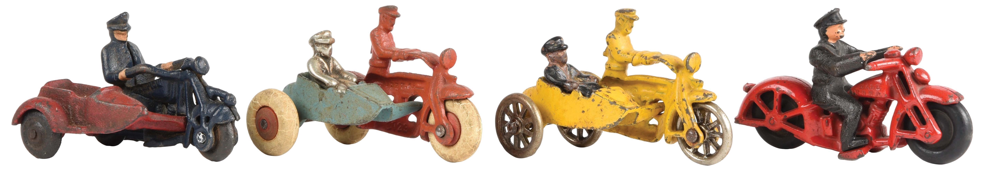 LOT OF 4: CAST-IRON AMERICAN MADE MOTORCYCLE TOYS.