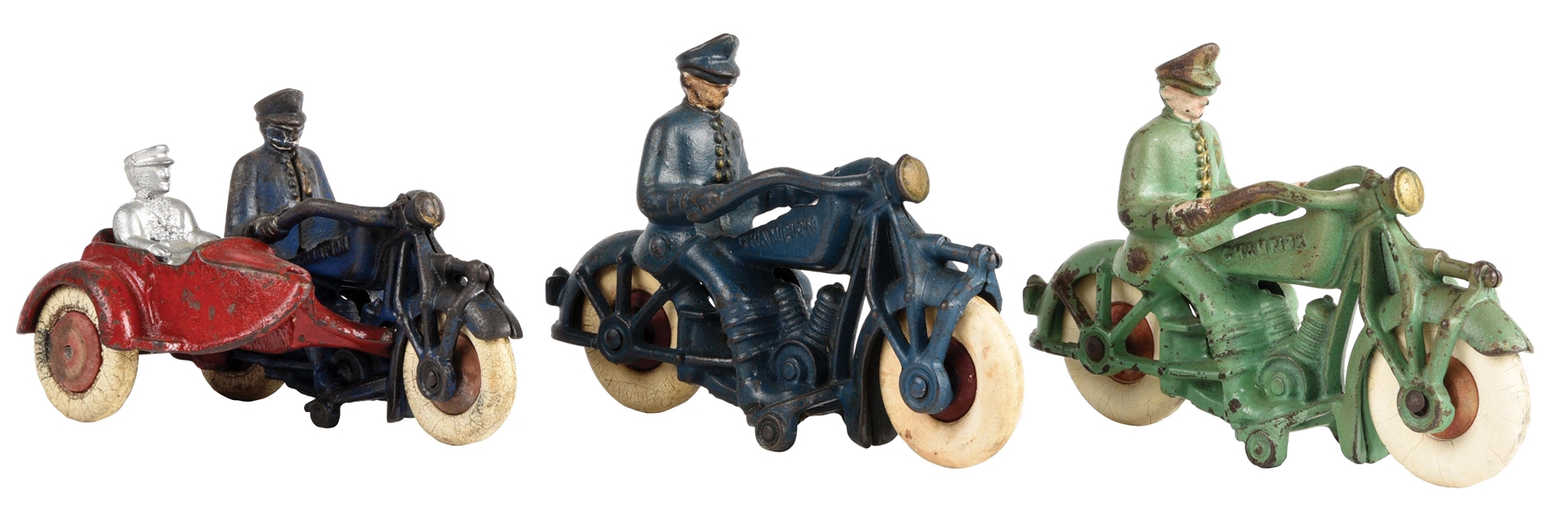 LOT OF 3: CAST-IRON CHAMPION POLICE MOTORCYCLE TOYS.
