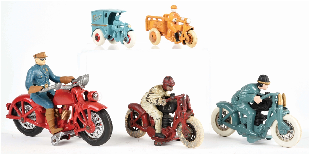 LOT OF 5: CONTEMPORARY CAST-IRON MOTORCYCLE TOYS.