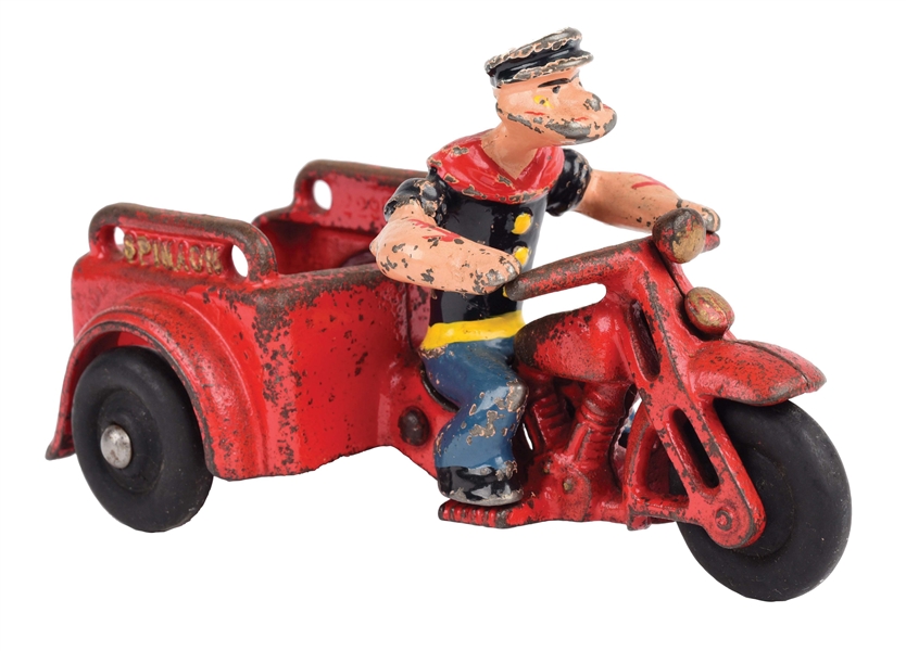 CAST-IRON HUBLEY POPEYE SPINACH PATROL MOTORCYCLE.