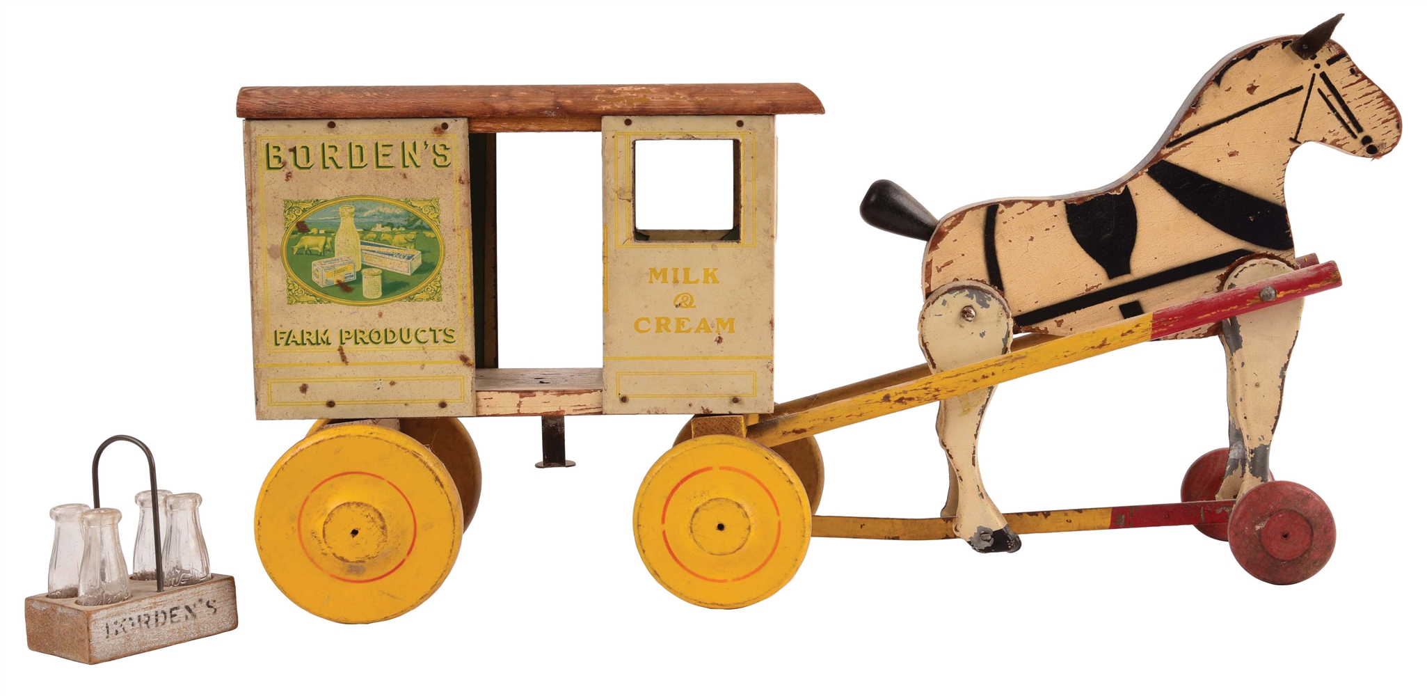 RICH TOYS PRESSED STEEL AND WOOD WOODEN BORDENS FARM PRODUCTS TRUCK.