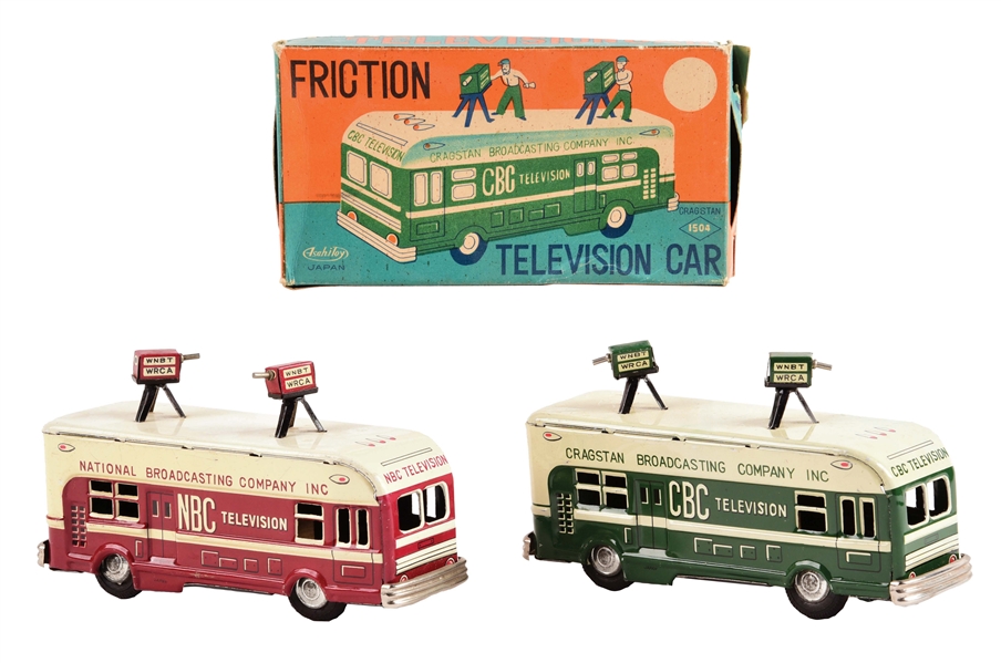 LOT OF 2: JAPANESE TIN LITHO FRICTION TELEVISION TRUCKS.