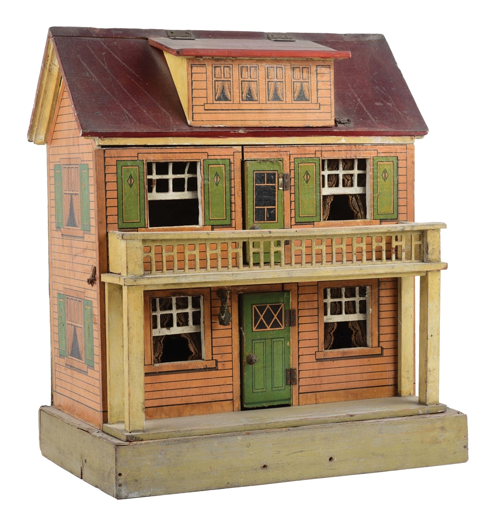 LARGE EARLY PRE-WAR WOODEN AND PAPER ON WOOD DOLLHOUSE.