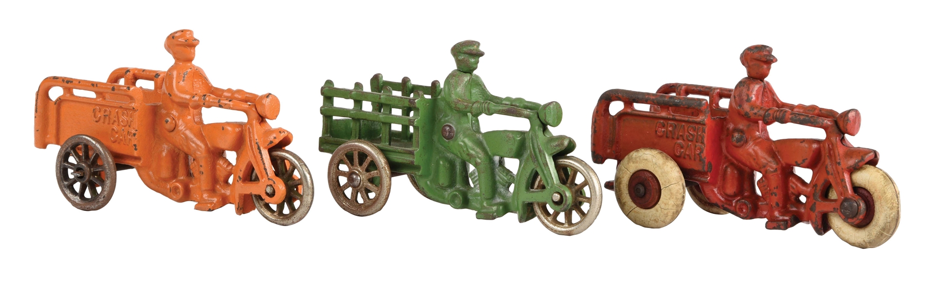 LOT OF 3: CAST-IRON HUBLEY CRASH CAR AND STAKE-BACK MOTORCYCLE TOYS.