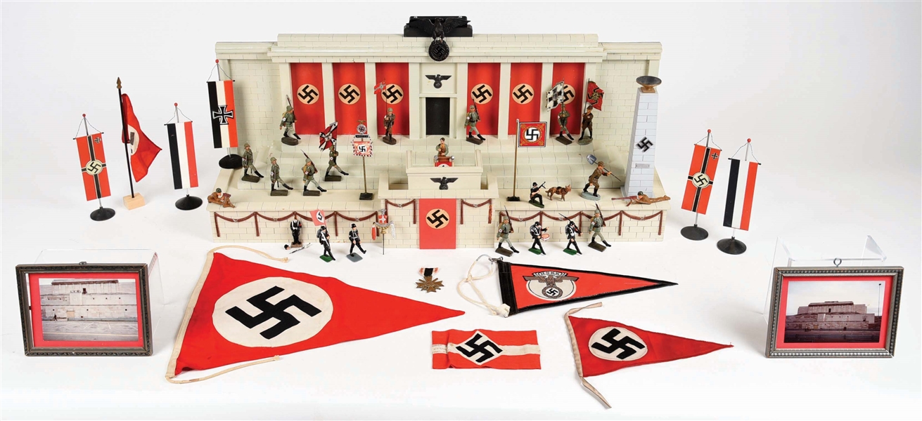 FOLK ART REPLICA OF ADOLF HITLERS PARADE GROUNDS WITH FIGURES AND BANNERS.