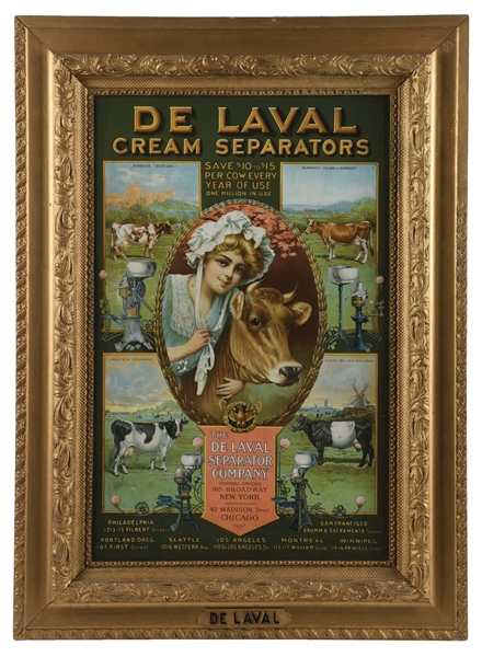 FRAMED SINGLE-SIDED TIN ADVERTISING FOR DE LEVAL CREAM SEPARATORS.