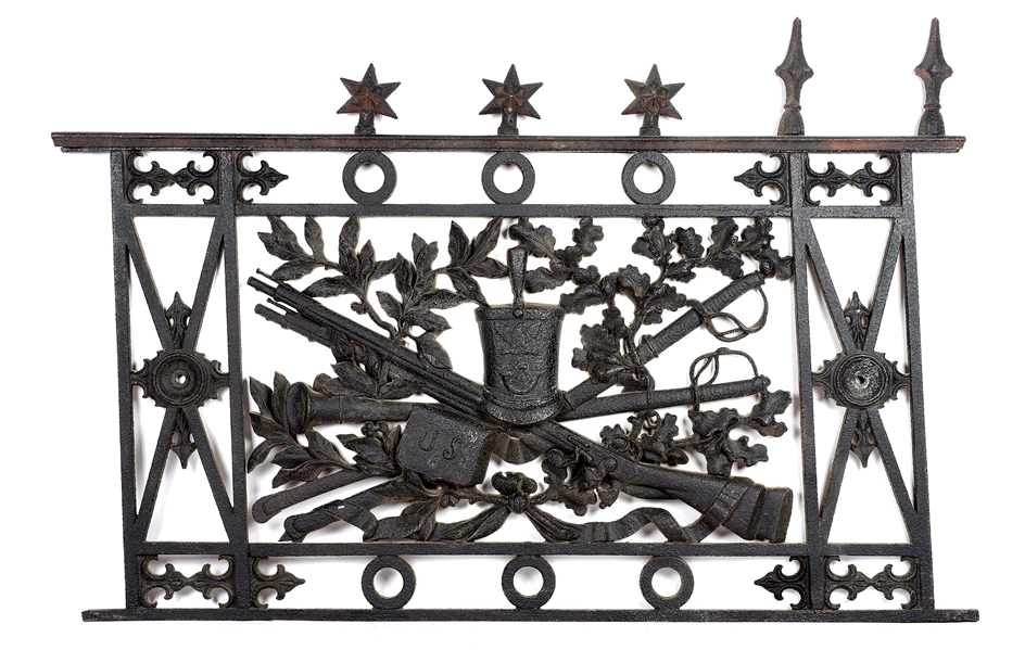 HISTORIC SCHUYLKILL ARSENAL IRON GATE SECTION WITH MARTIAL MOTIFS, C. 1835.