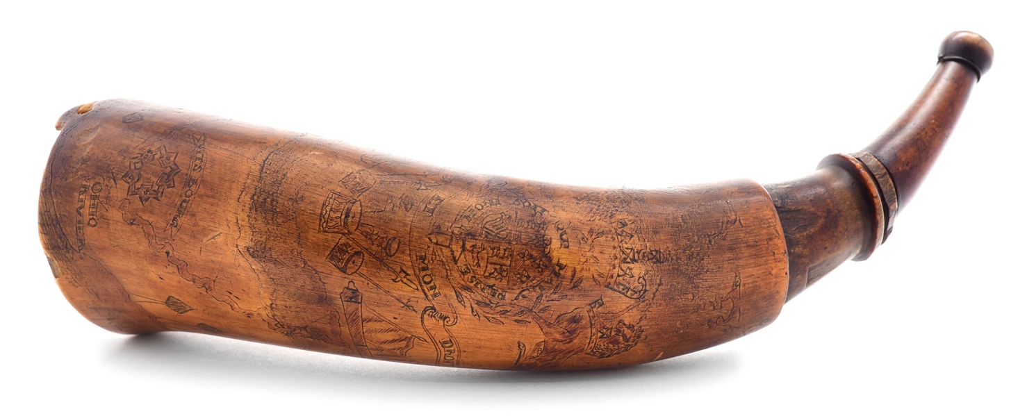 RARE "PITSBOURG" ENGRAVED MAP POWDER HORN WITH BRITISH CREST, ATTRIBUTED TO THE POINTED TREE CARVER.