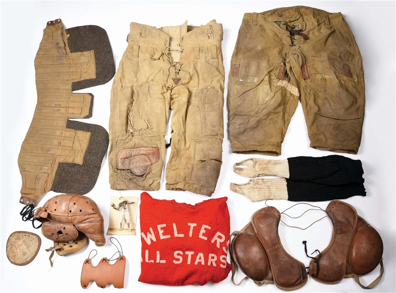 VERY EARLY PRE-WAR FOOTBALL UNIFORM AND ACCESSORIES.
