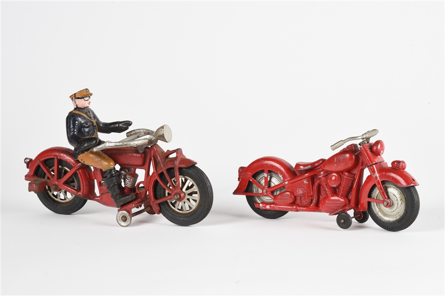 LOT OF 2: CAST-IRON AND DIE-CAST HUBLEY MOTORCYCLE TOYS.