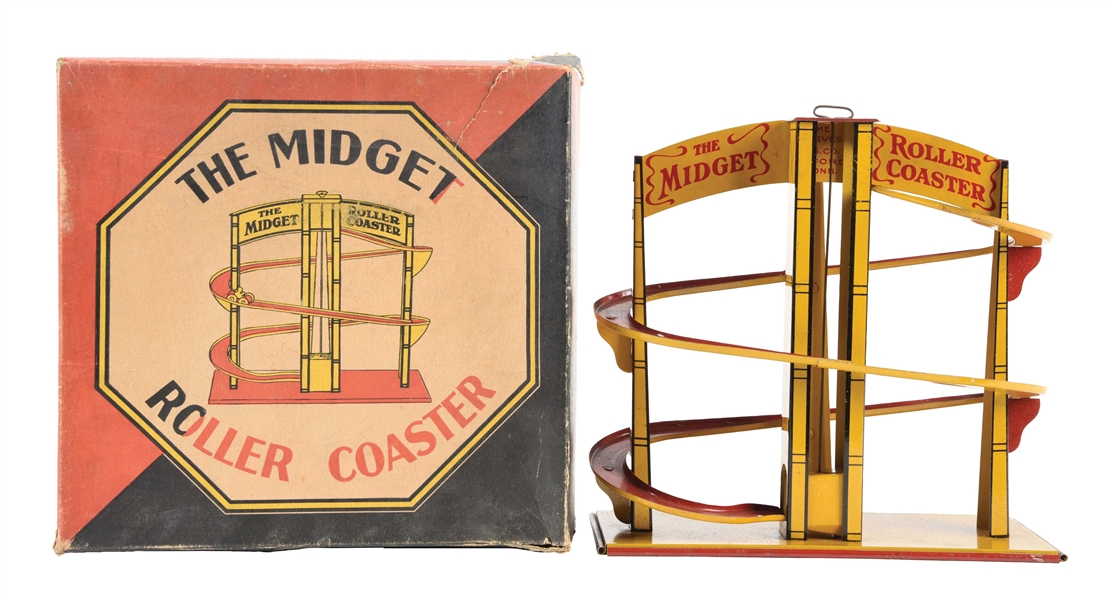 REEVES NO. 35 TIN LITHO MIDGET ROLLER COASTER TOY IN ORIGINAL BOX.