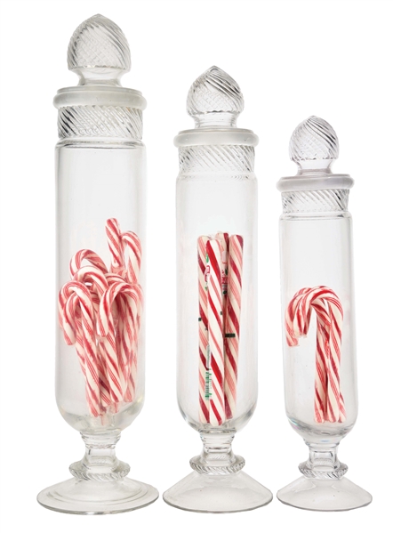 LOT OF 3: COLONIAL SWIRL TOP CYLINDER JARS.