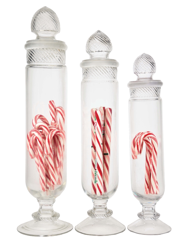 LOT OF 3: COLONIAL SWIRL TOP CYLINDER JARS.