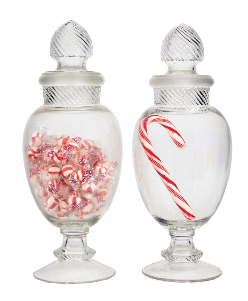 LOT OF 2: CONGRESS SWIRL TOP APOTHECARY JARS.