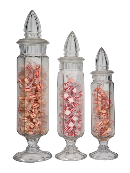 LOT OF 3: 6-SIDED CONGRESS APOTHECARY JARS.