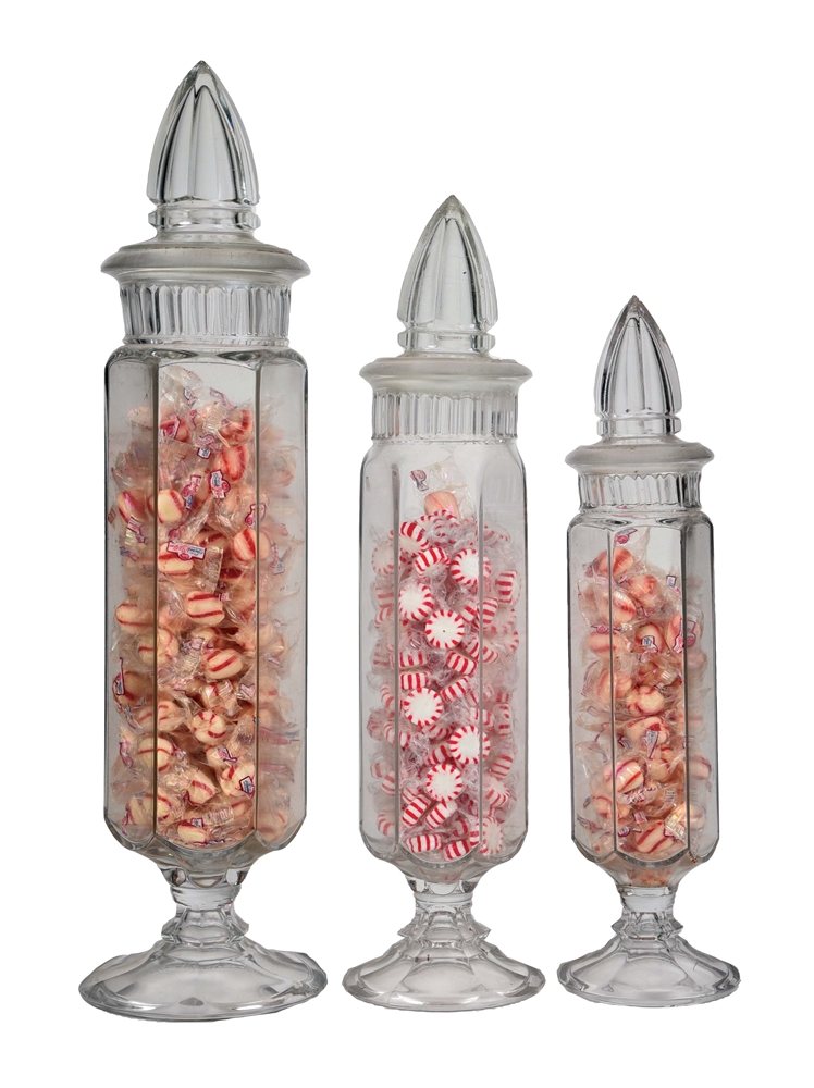 LOT OF 3: 6-SIDED CONGRESS APOTHECARY JARS.