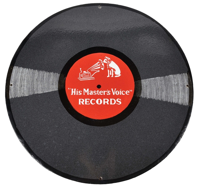 SINGLE-SIDED PORCELAIN ROUND RECORD SIGN FOR THE RCA VICTOR COMPANY, MARKED "HIS MASTERS VOICE" RECORDS.