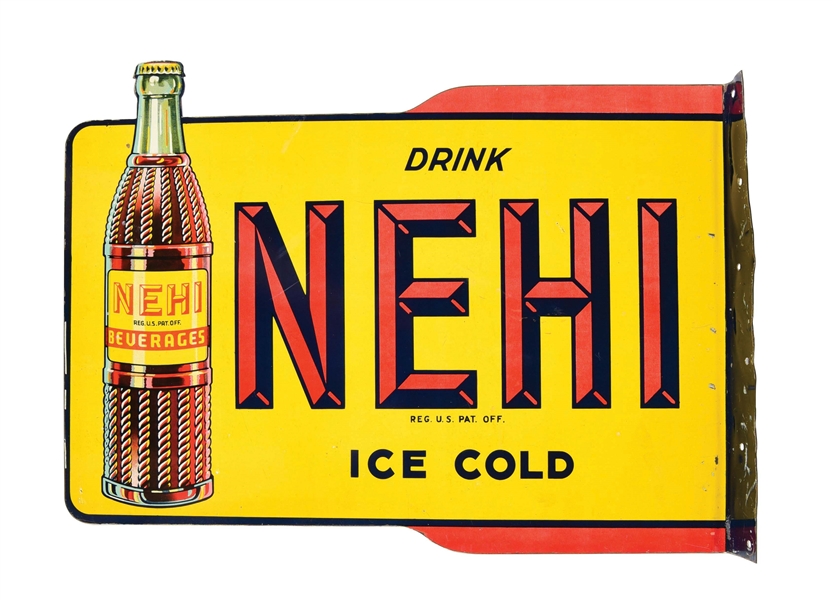 DIE-CUT NEHI SOFT DRINK DOUBLE-SIDED TIN FLANGE SIGN.