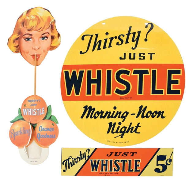 LOT OF 3: WHISTLE SOFT DRINK SIGNS.