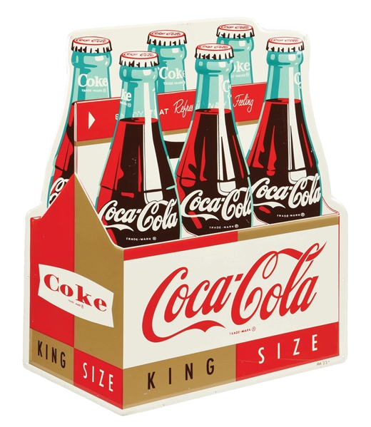 OUTSTANDING LARGE SIZE EMBOSSED TIN COCA-COLA SIX-PACK SIGN.