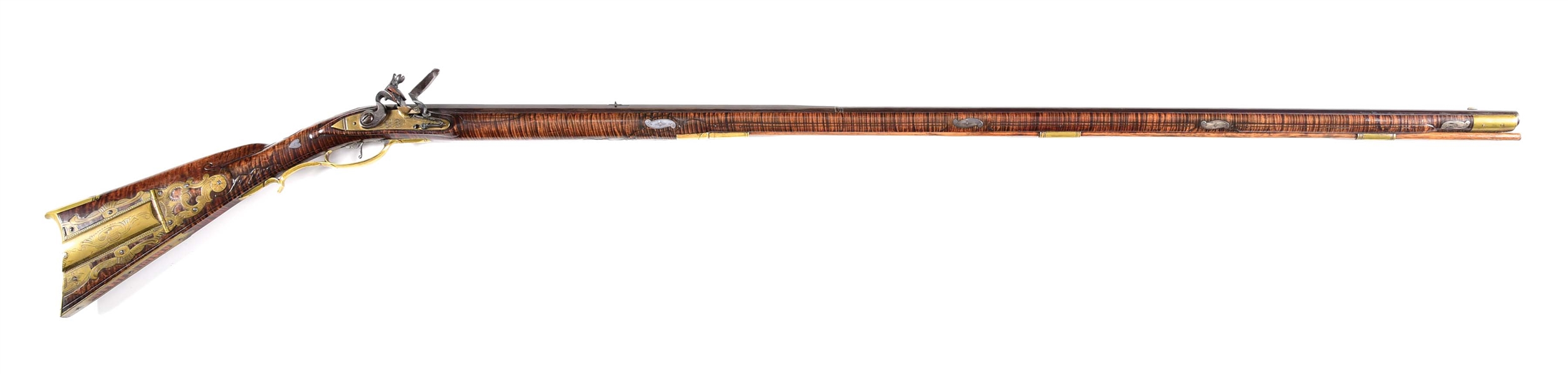 (A) CONTEMPORARY FLINTLOCK KENTUCKY RIFLE IN THE STYLE OF FREDERICK SELL BY R.W. KIRKBRIDE.