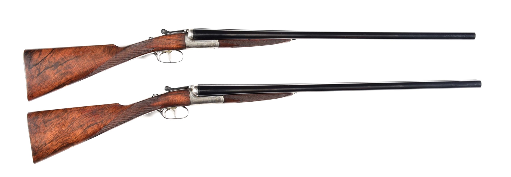 (C) PAIR OF SIDE BY SIDE ROUND BODY SHOTGUNS BY JAMES MACNAUGHTON & SONS, SLEEVED BY DICKSON.