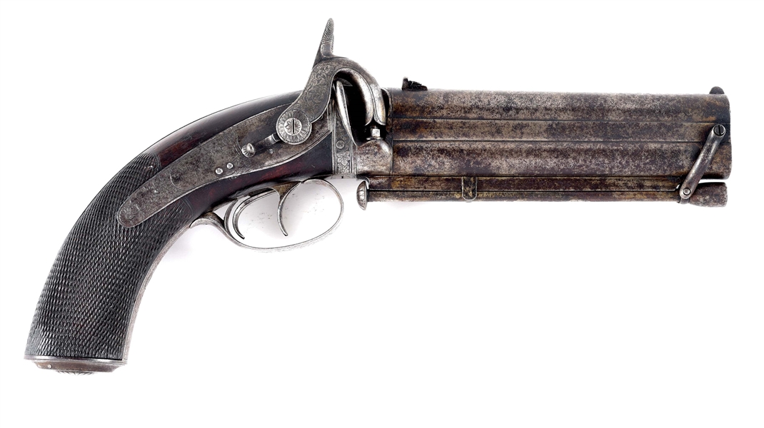(A) SHOCKINGLY RARE SWINBURN & SON OVER/UNDER PISTOL MADE FOR JOHN JACOBS, OF JACOBS RIFLE FAME, ONE OF A PAIR WITH THE OTHER PISTOL IN THE ROYAL ARMOURIES, ENGLAND.