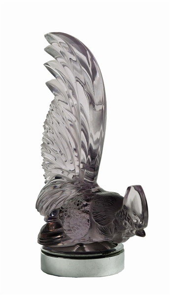 LALIQUE AMETHYST GLASS ROOSTER HOOD ORNAMENT. 