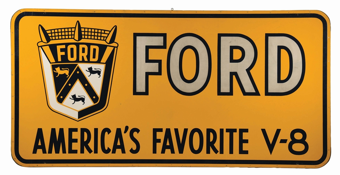 FORD AMERICAS FAVORITE V-8 TIN BILLBOARD SIGN W/ CREST GRAPHIC. 