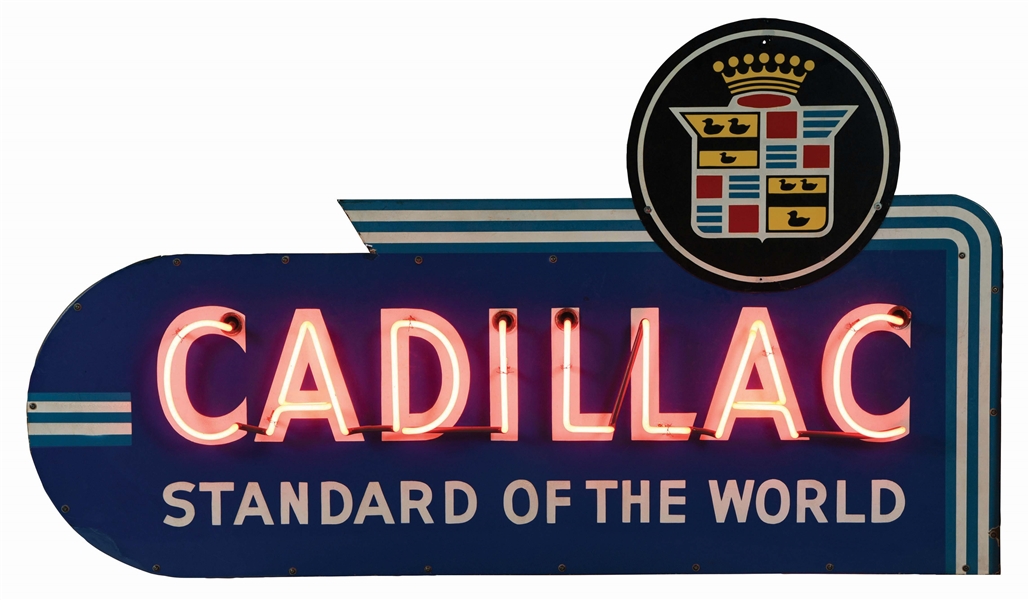 CADILLAC STANDARD OF THE WORLD TWO PIECE PORCELAIN NEON SIGN. 