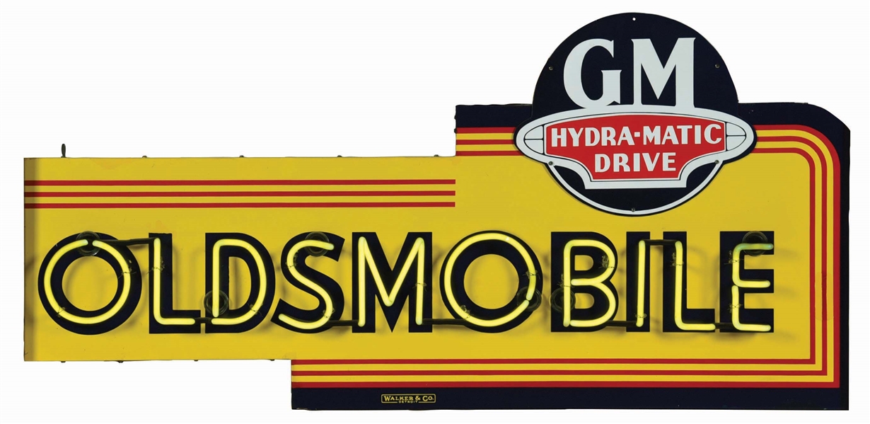 OLDSMOBILE PORCELAIN NEON SIGN W/ GM HYDRA-MATIC DRIVE PORCELAIN ATTACHMENT SIGN. 