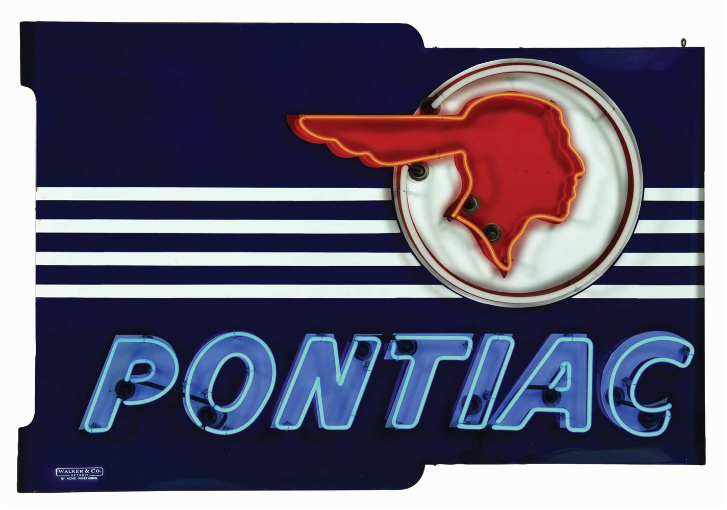 PONTIAC AUTOMOBILES DIE CUT PORCELAIN NEON SIGN W/ FULL FEATHER NATIVE AMERICAN GRAPHIC. 