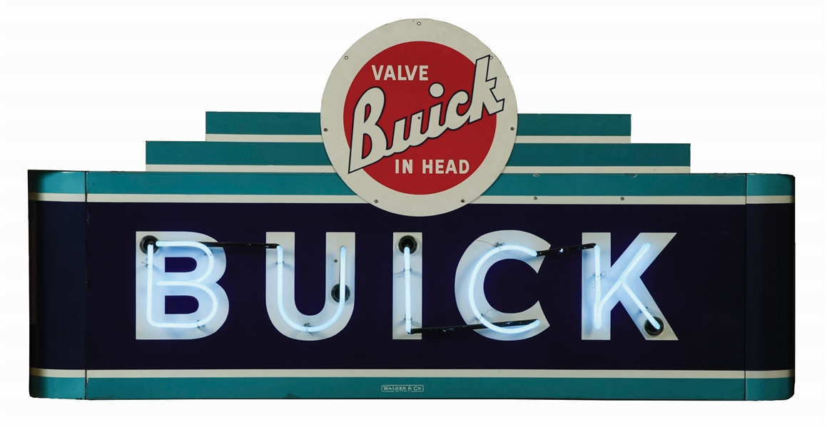 OUTSTANDING BUICK VALVE IN HEAD PORCELAIN NEON SIGN W/ BULLNOSE ATTACHMENTS. 