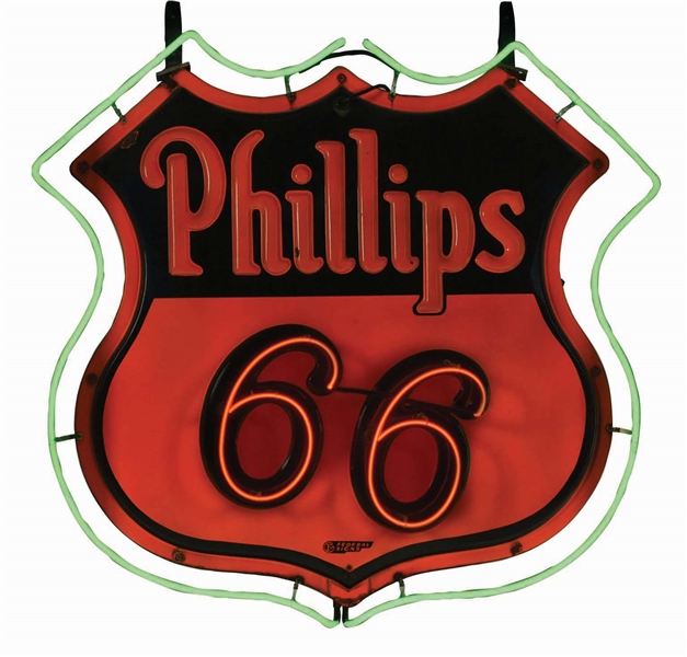 PHILLIPS 66 GASOLINE TWO PIECE EMBOSSED PORCELAIN NEON SIGN. 