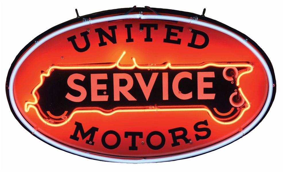 UNITED MOTORS SERVICE PORCELAIN NEON SIGN W/ CAR GRAPHIC. 