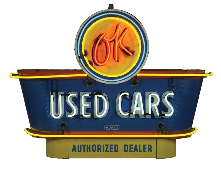 OUTSTANDING OK USED CARS PORCELAIN NEON DEALERSHIP SIGN W/ ORIGINAL BULLNOSE ATTACHMENTS. 
