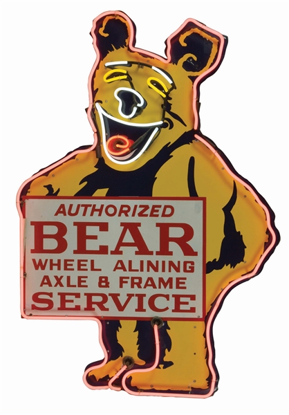 AUTHORIZED BEAR SERVICE DIE CUT PORCELAIN SIGN W/ ADDED NEON. 