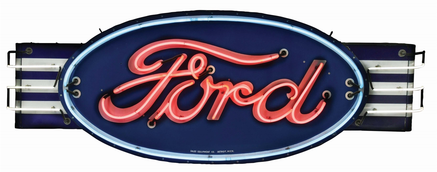 OUTSTANDING FORD MOTOR CARS PORCELAIN OVAL SIGN W/ WING & BULLNOSE ATTACHMENTS. 