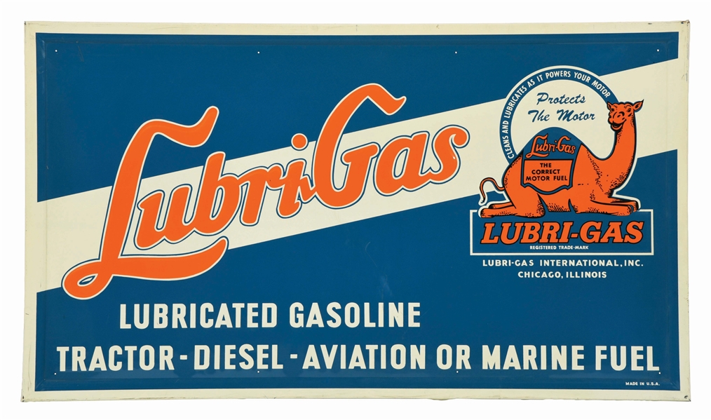 LUBRI-GAS EMBOSSED TIN SERVICE STATION SIGN W/ CAMEL GRAPHIC & SELF FRAMED EDGE. 