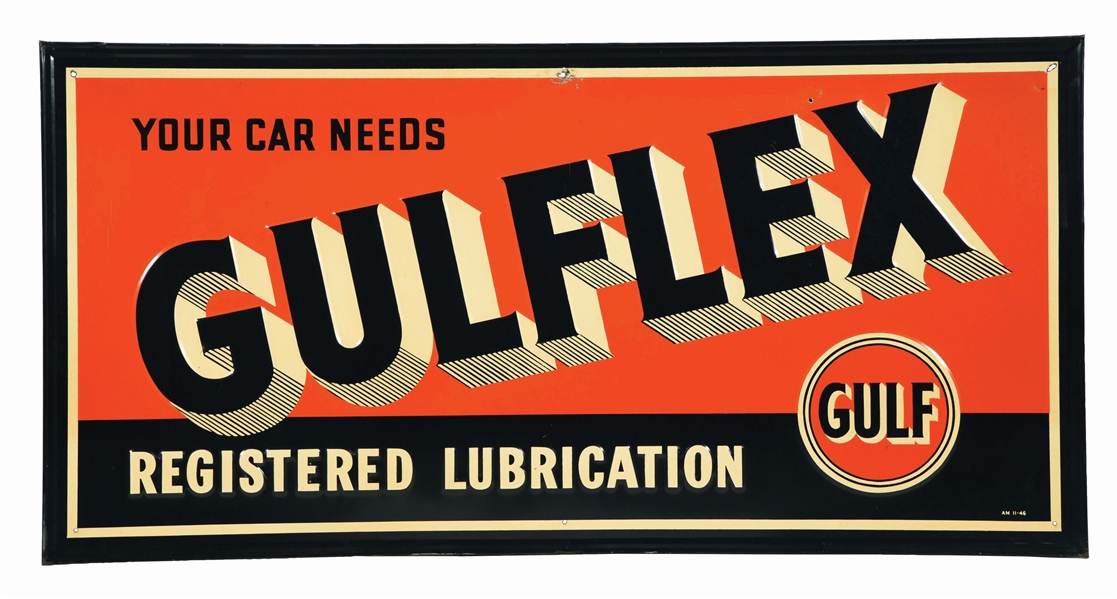 GULFLEX LUBRICATION EMBOSSED TIN SERVICE STATION SIGN W/ SELF FRAMED EDGE. 