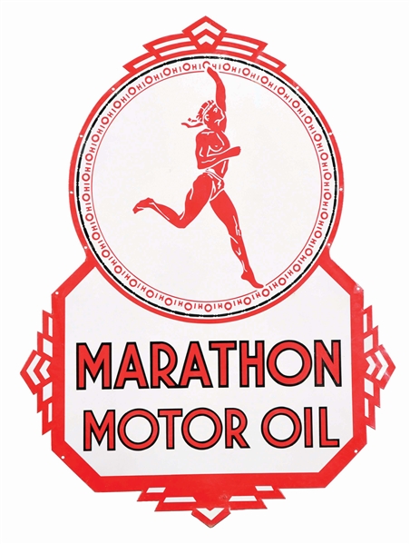 MARATHON MOTOR OIL DIE CUT PORCELAIN SERVICE STATION SIGN W/ RUNNING MAN GRAPHIC. 